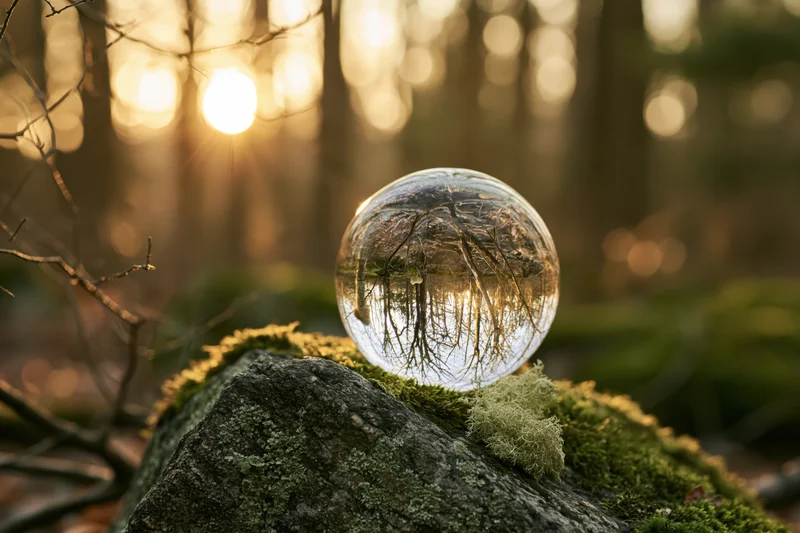 Clear glass lens ball resting on moss-covered rock in forest at golden hour