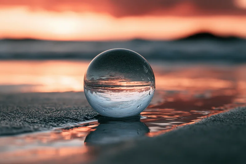 Clear glass lensball resting on wet sand at shoreline during sunset reflecting sky and ocean