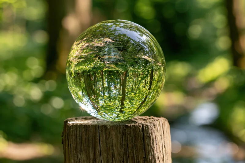 Clear glass lensball resting on a weathered wooden post in a sunlit forest, reflecting trees and greenery