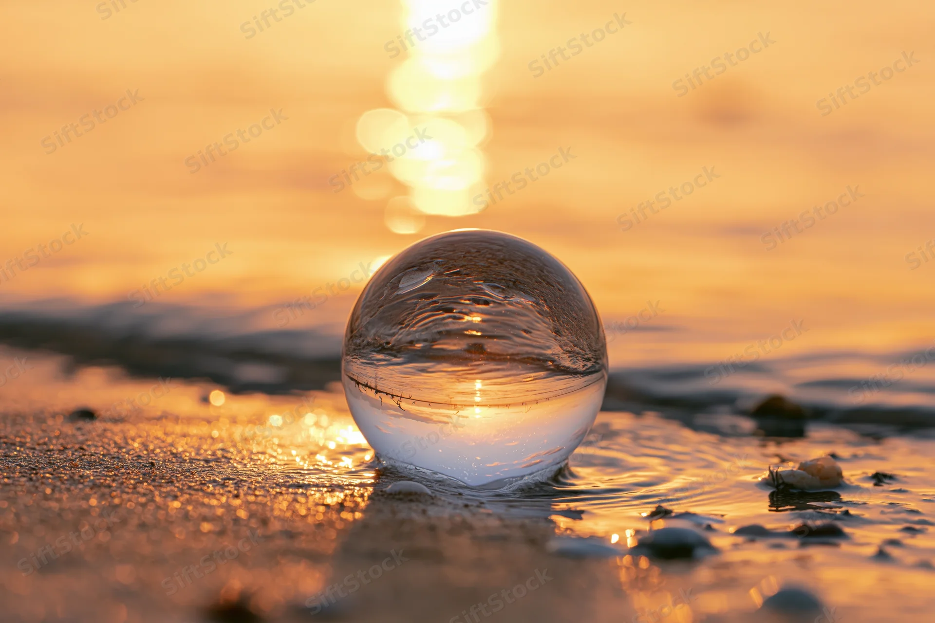 Glass lensball resting on wet sand at shoreline reflecting sunset over ocean