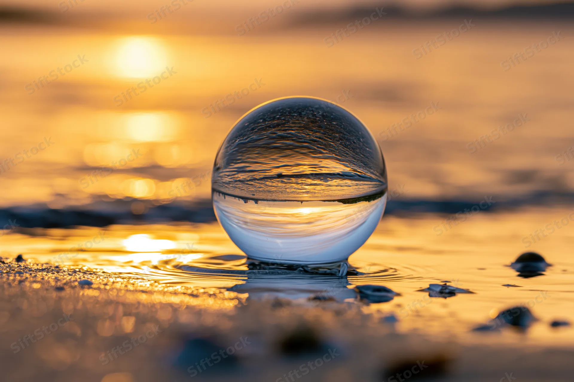 Glass lensball resting on wet sand at shoreline reflecting sunset over ocean
