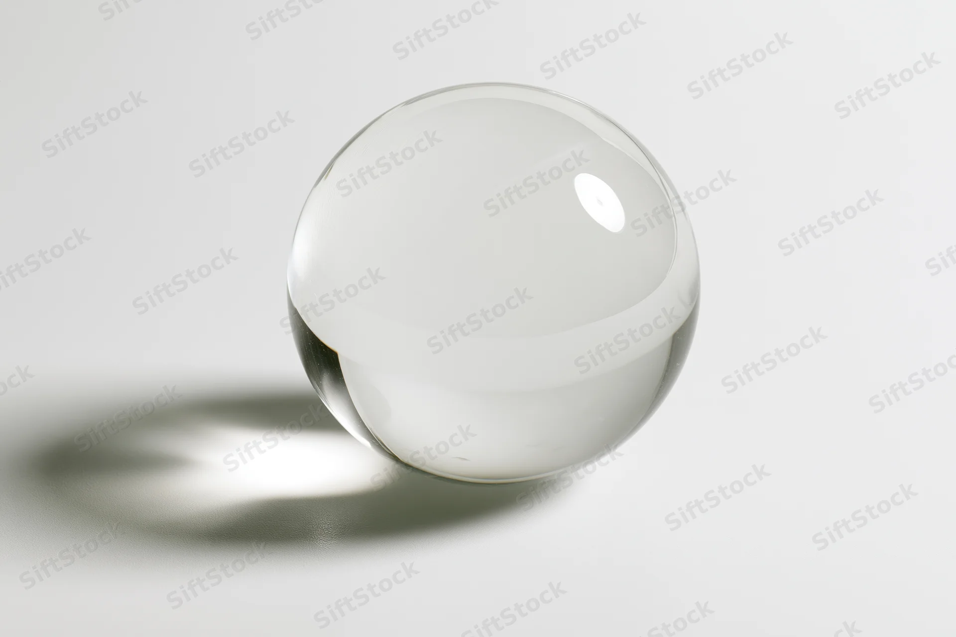 Clear glass sphere resting on white surface in studio lighting