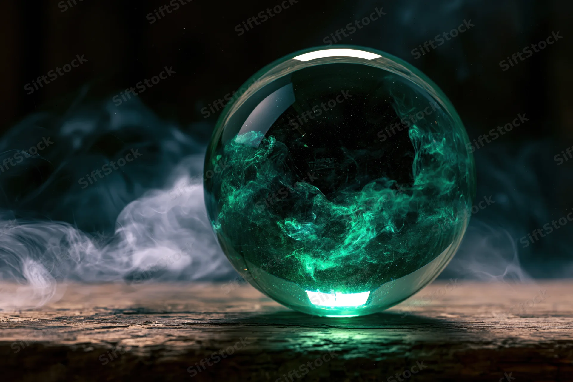 Glowing crystal ball with swirling green smoke on a dark wooden surface