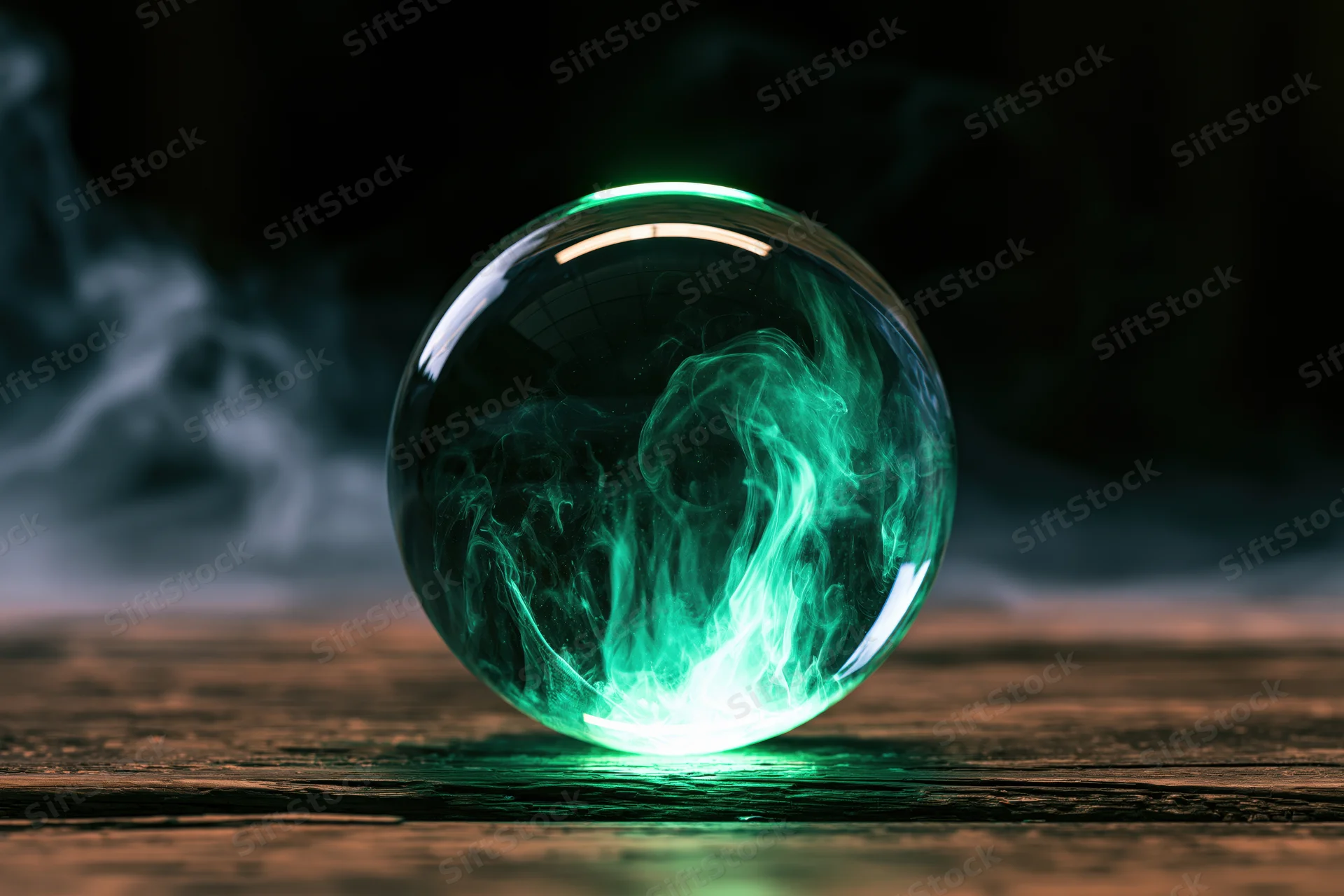 Glowing green glass sphere with swirling smoke resting on a worn wooden surface