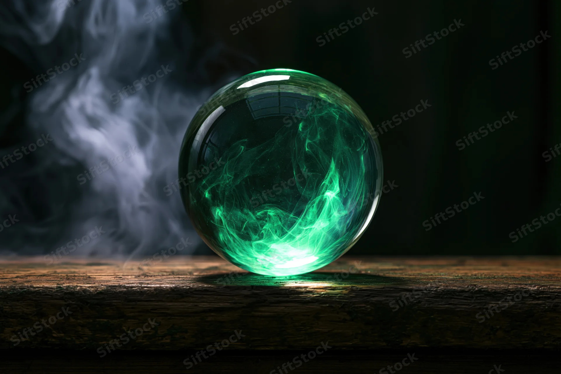 Glowing green crystal ball on a dark wooden surface with swirling smoke