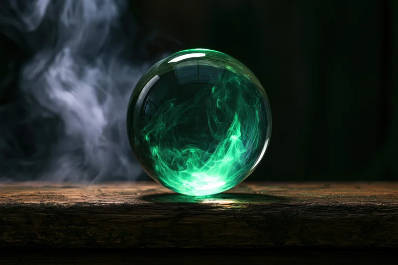 Glowing green crystal ball on a dark wooden surface with swirling smoke