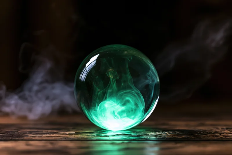 Glowing green crystal ball with swirling smoke resting on a dark wooden surface