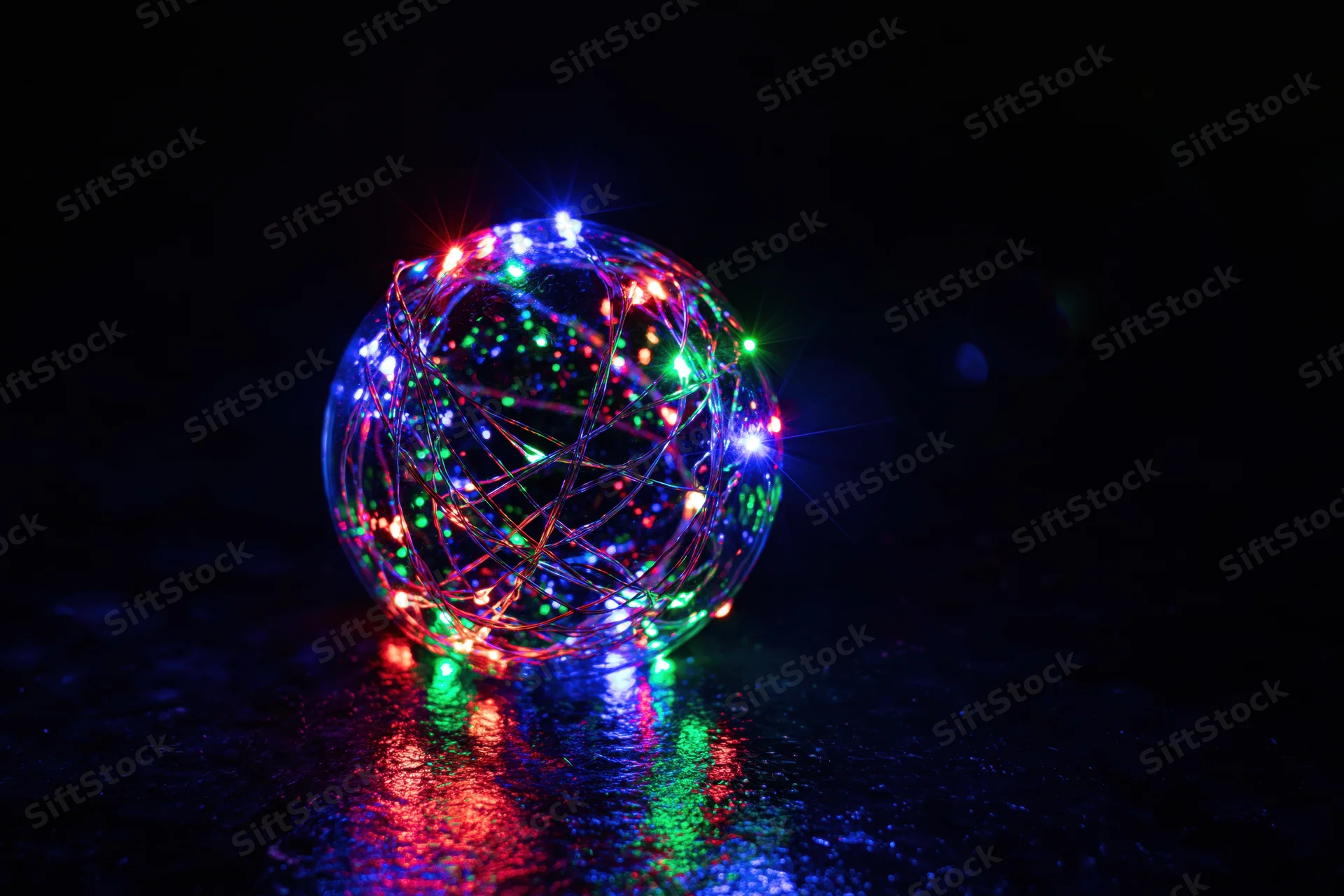 Clear glass sphere wrapped with multicolored led lights glowing on dark reflective surface