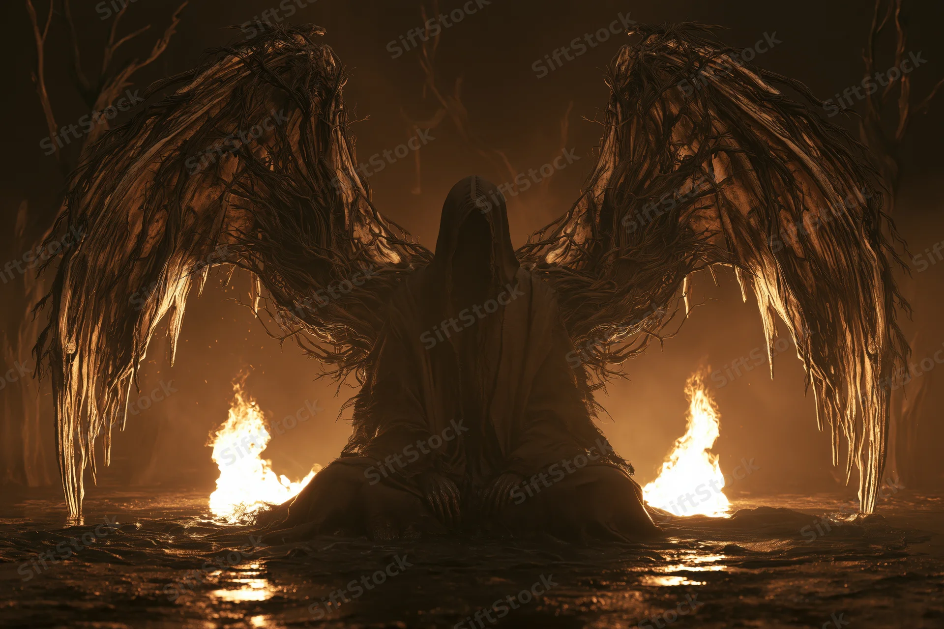 Hooded cloaked figure seated on wet ground with large wings and flames in dark forest