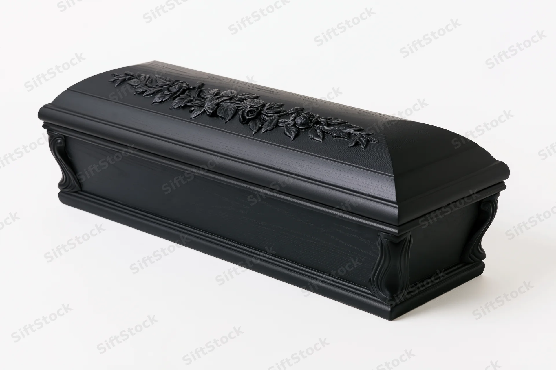 Closed black lacquered wooden coffin with carved floral relief on lid, isolated on white background