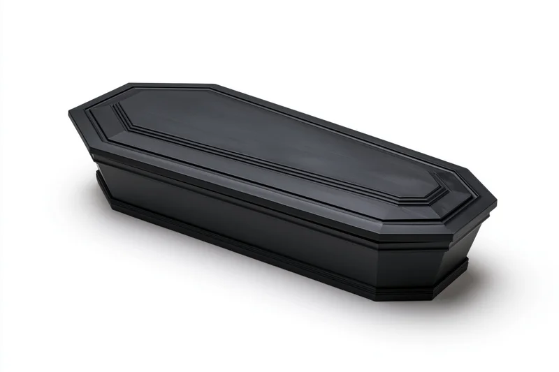 Closed black wooden coffin with routed panel detailing on white background