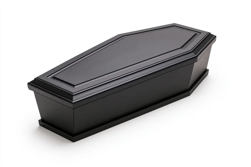 Closed black wooden coffin with routed panel detailing on white background