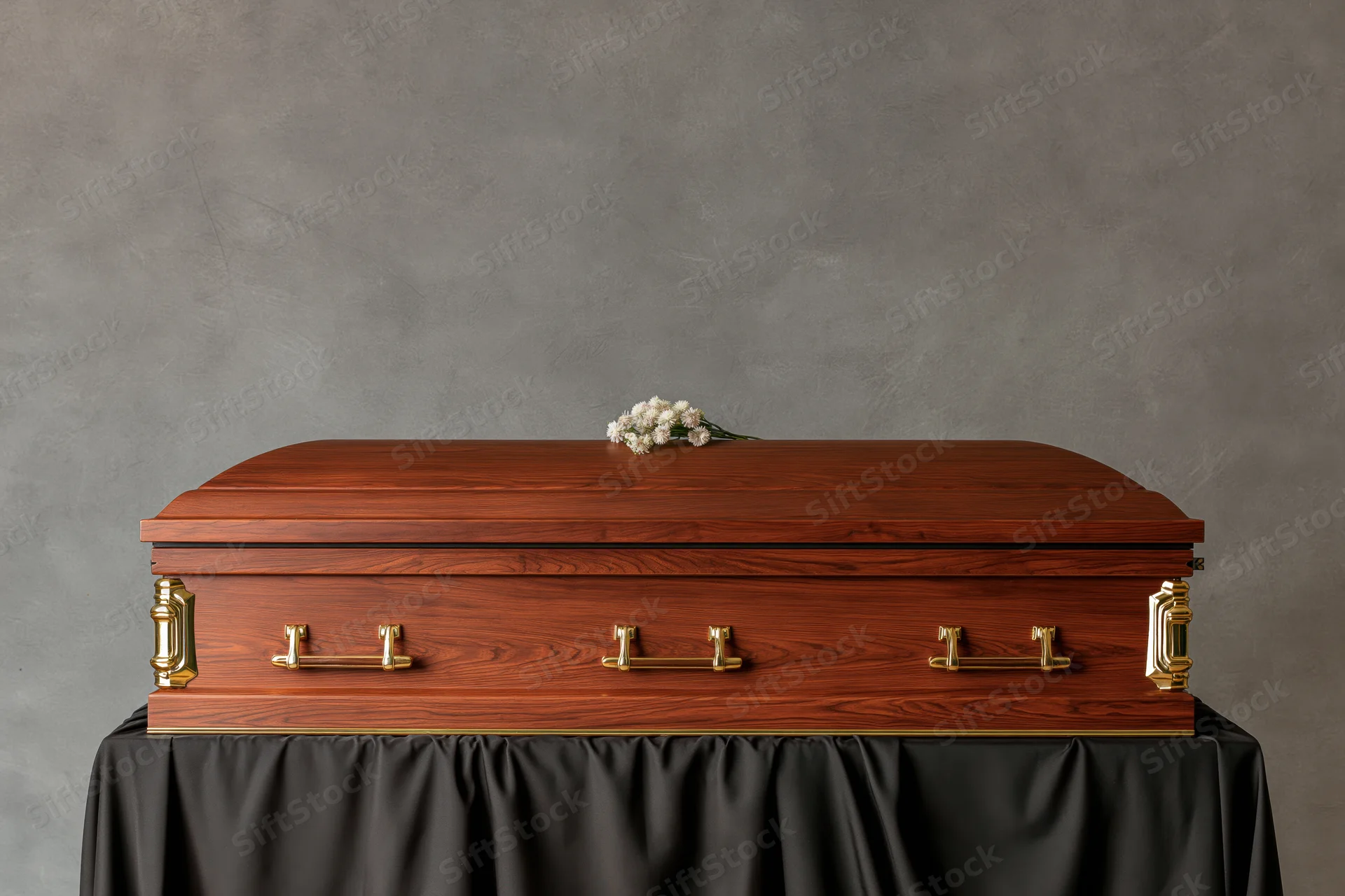 Closed wooden casket with brass handles and white flowers on a draped table