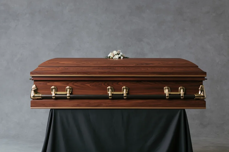 Closed wooden casket with brass handles and floral arrangement on black draped stand against gray background