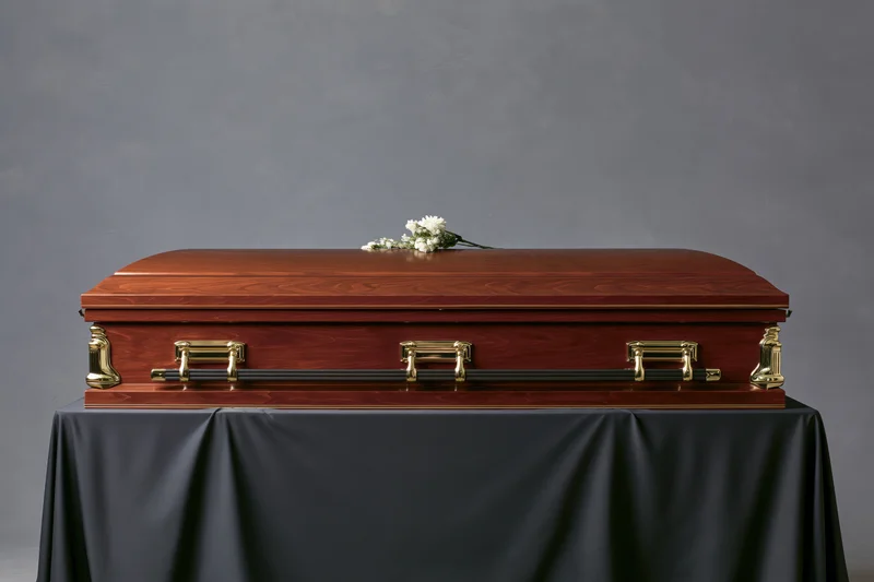 Closed wooden casket with brass handles and white flowers on a draped table