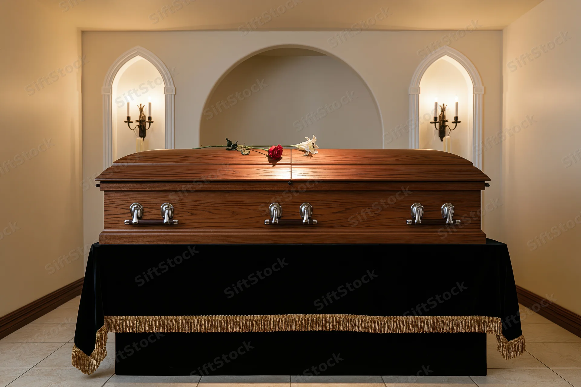 Closed wooden coffin with silver handles on black draped stand in chapel setting