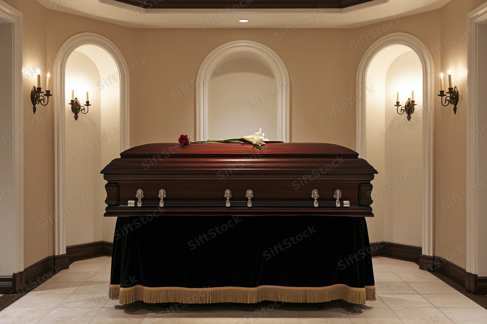 Polished wooden coffin with silver handles and floral arrangement on black draped stand in a solemn funeral chapel interior