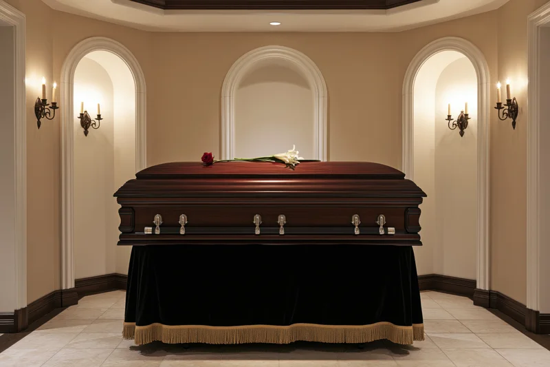 Polished wooden coffin with silver handles and floral arrangement on black draped stand in a solemn funeral chapel interior