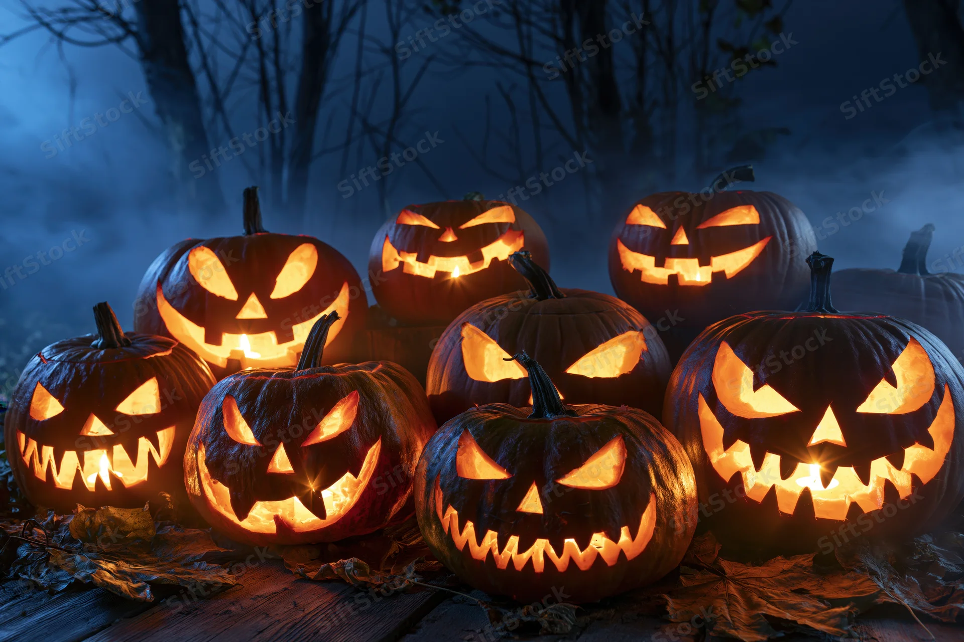 Carved jack-o-lanterns glowing in a foggy forest at night