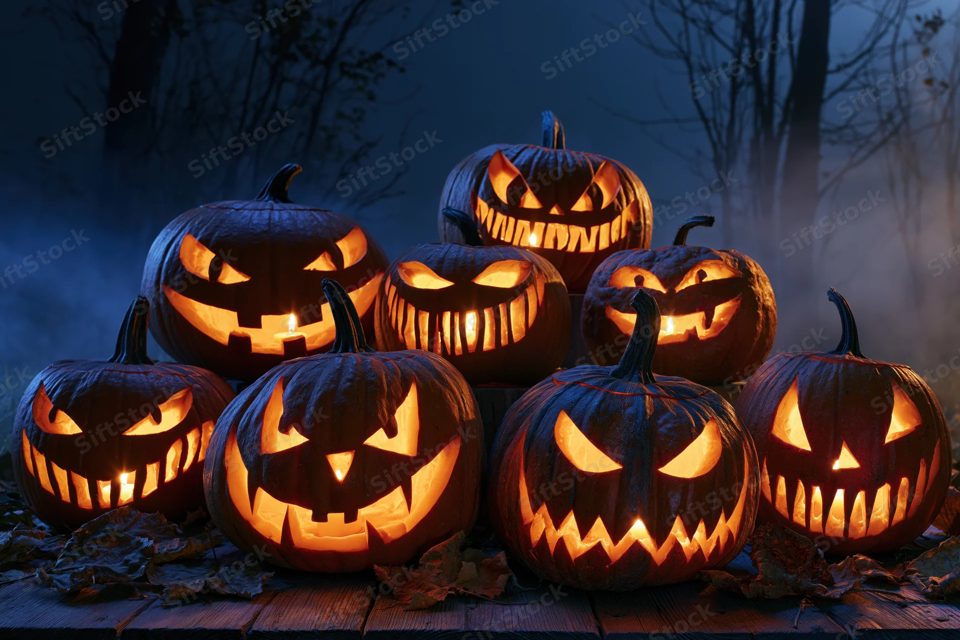 Carved jack-o-lanterns glowing on a wooden table in a misty forest at night