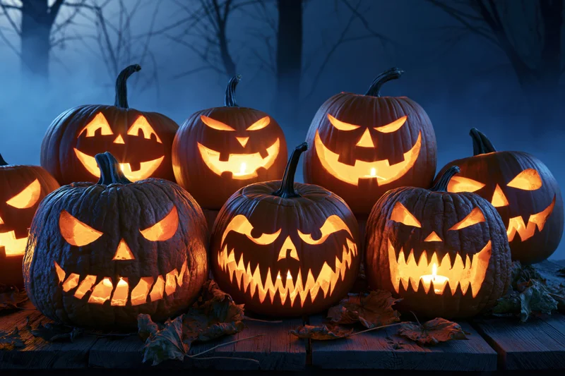 Carved jack-o-lanterns glowing on a wooden table in a foggy forest at night