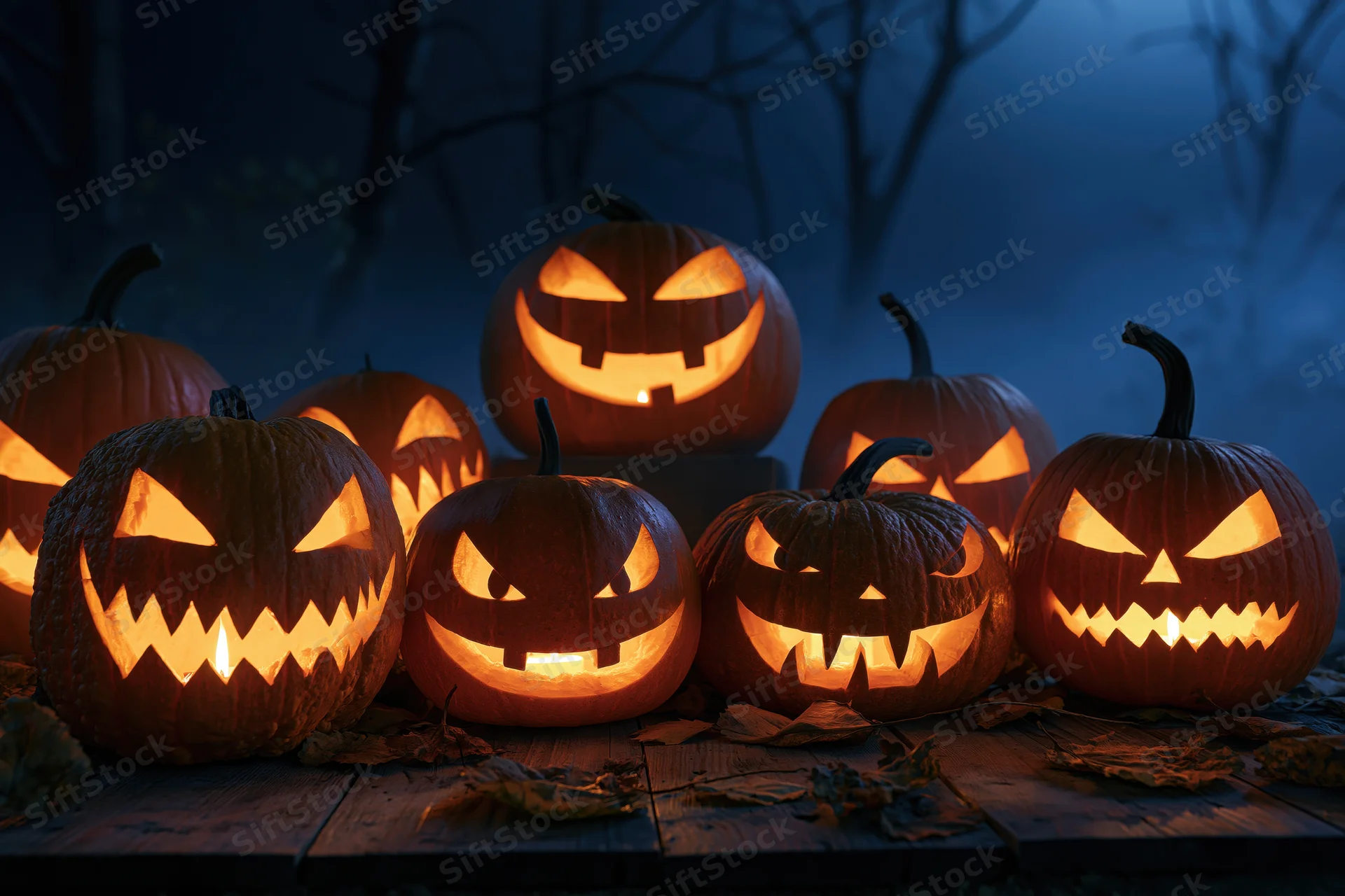 Carved jack-o-lanterns glowing on a wooden table at night surrounded by autumn leaves and misty forest background