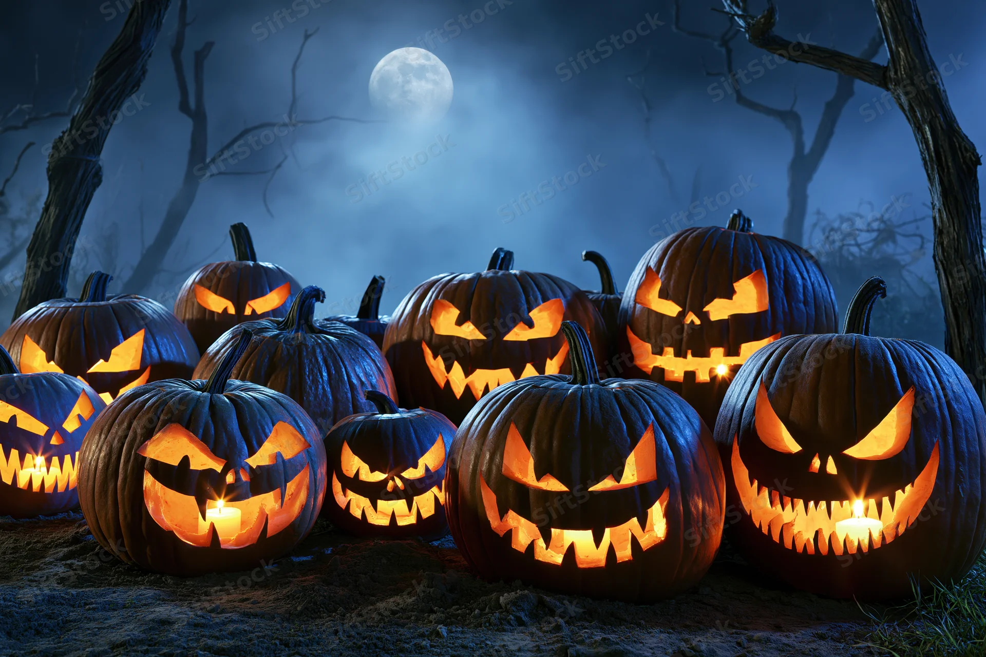 Carved jack-o-lanterns glowing with candles in a dark forest under a full moon