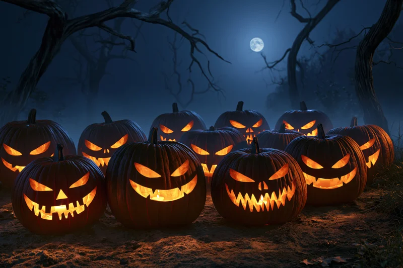 Carved jack-o-lanterns glowing in a dark forest at night under a full moon
