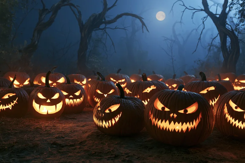 Carved jack-o-lanterns glowing in a dark forest at night under a full moon