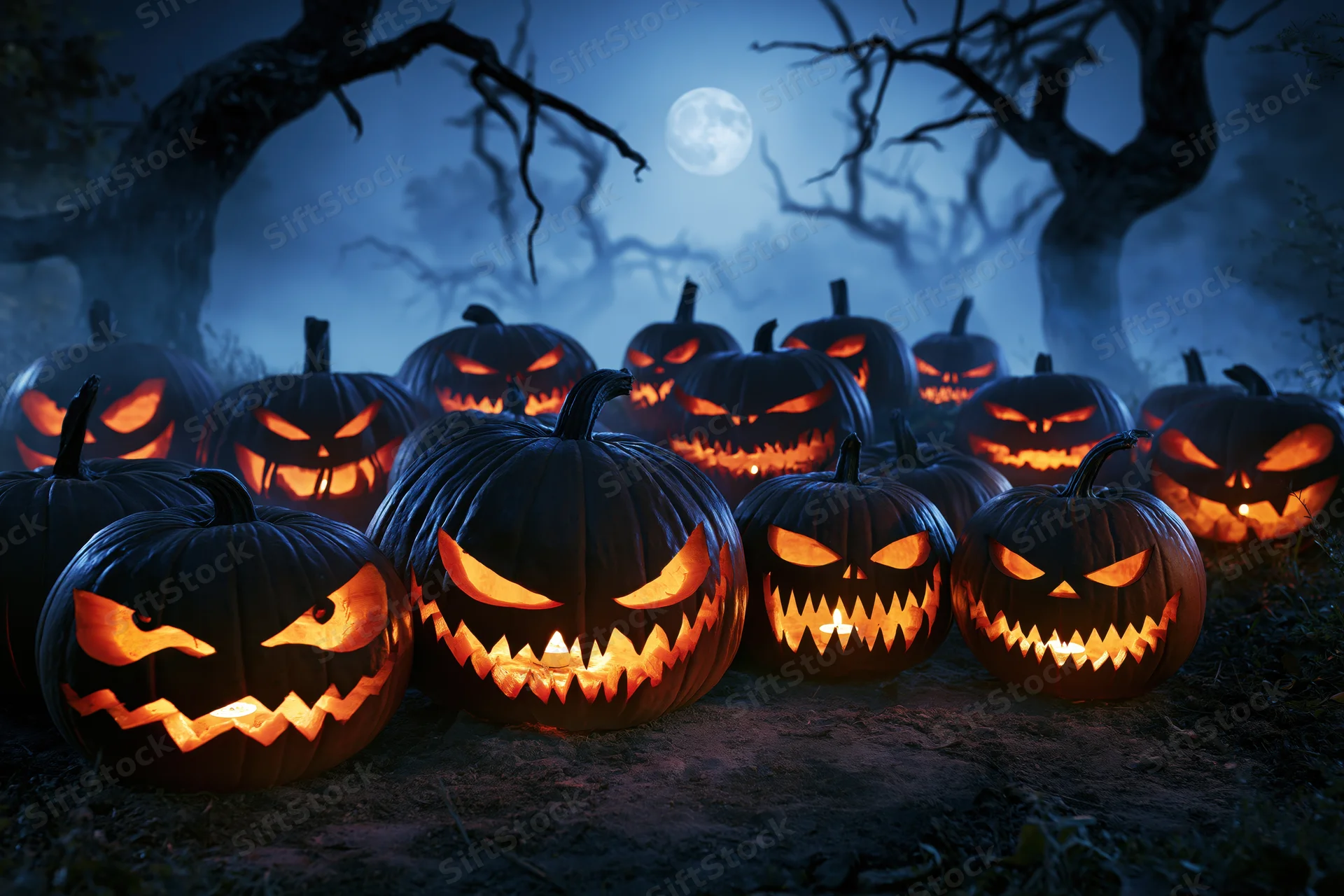 Carved jack-o-lanterns glowing in a dark forest at night under a full moon