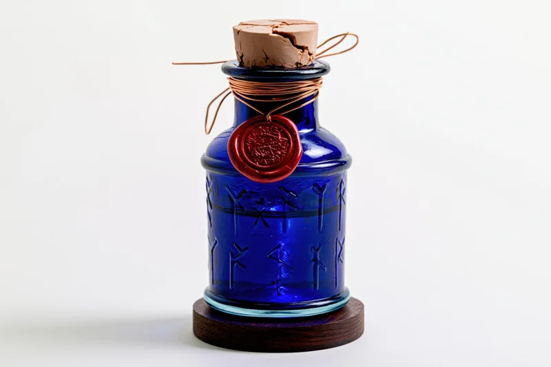 Cobalt blue glass apothecary bottle with embossed runes and red wax seal on wooden base