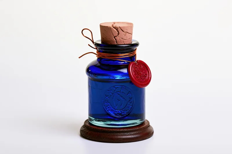 Cobalt blue apothecary bottle with embossed runes and red wax seal on wooden base