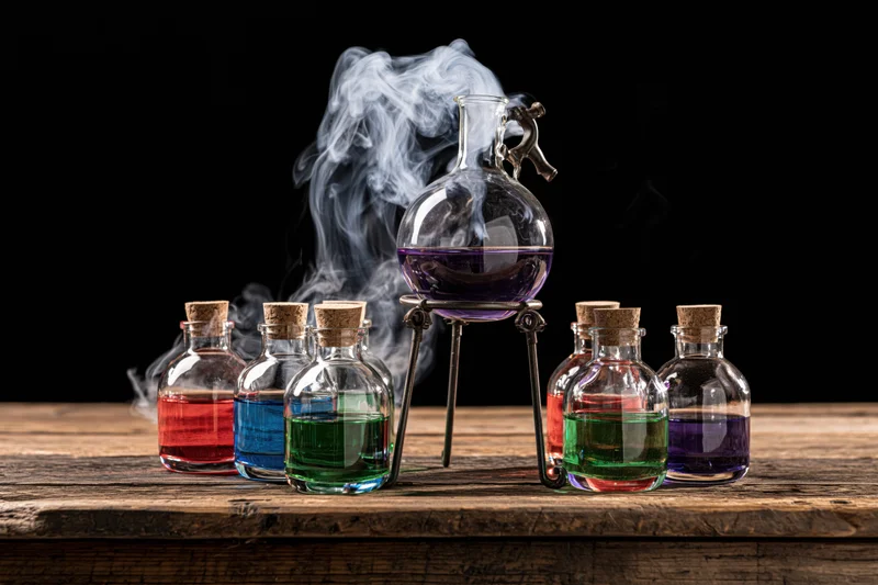 Round-bottom flask emitting smoke on wooden table surrounded by glass bottles with colored liquids and corks