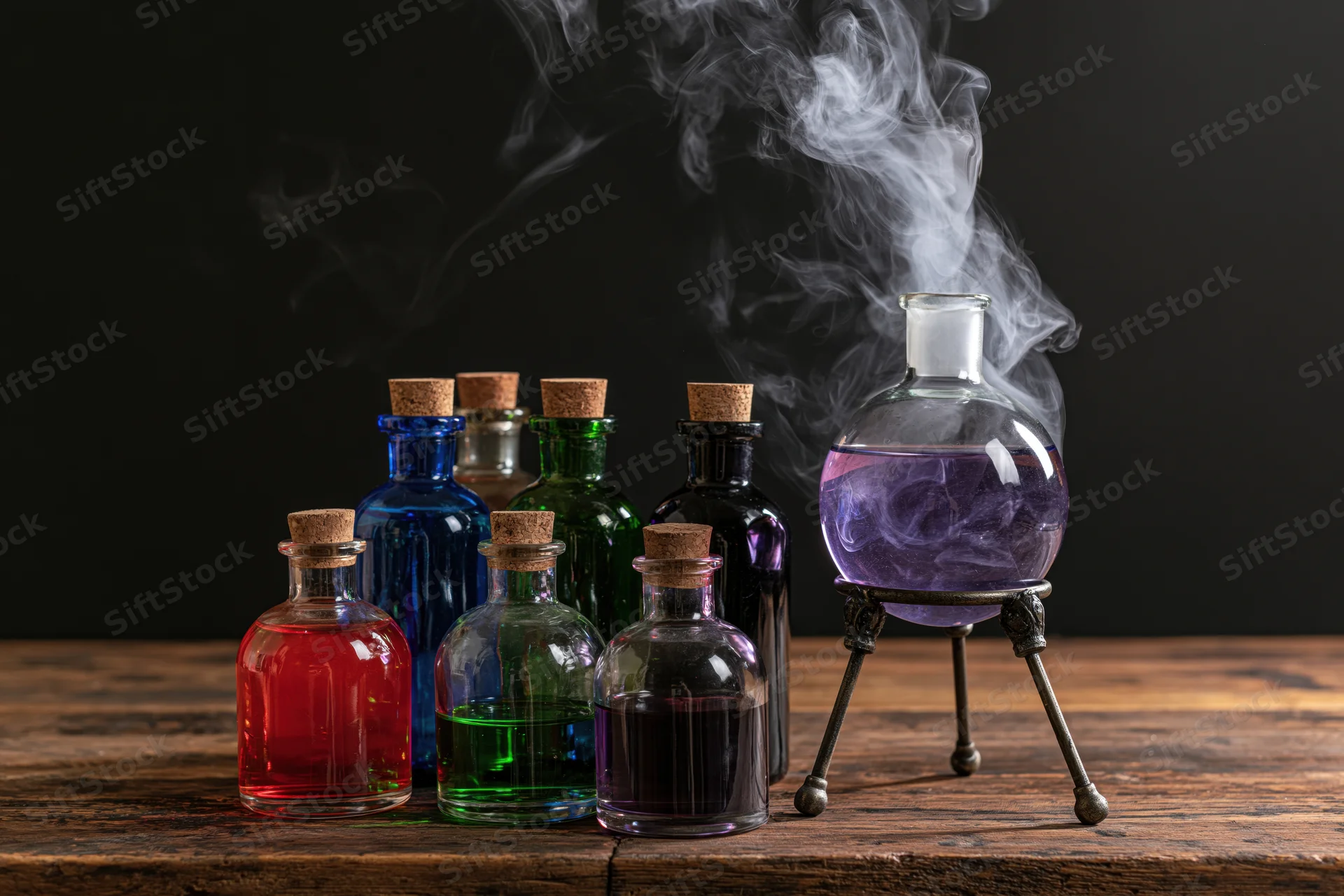 Round-bottom flask emitting smoke on wooden table beside colorful glass bottles with corks