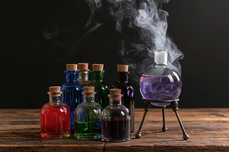 Round-bottom flask emitting smoke on wooden table beside colorful glass bottles with corks