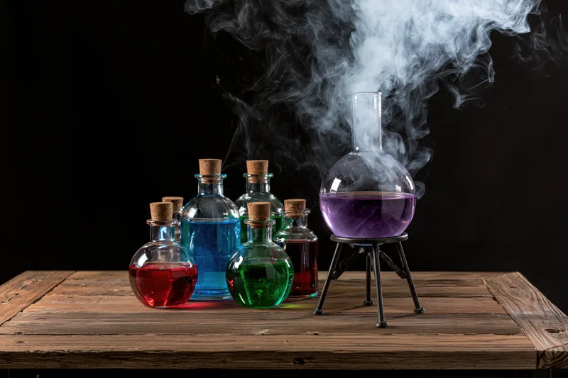 Round-bottom flask emitting smoke on wooden table with colorful glass bottles filled with liquids