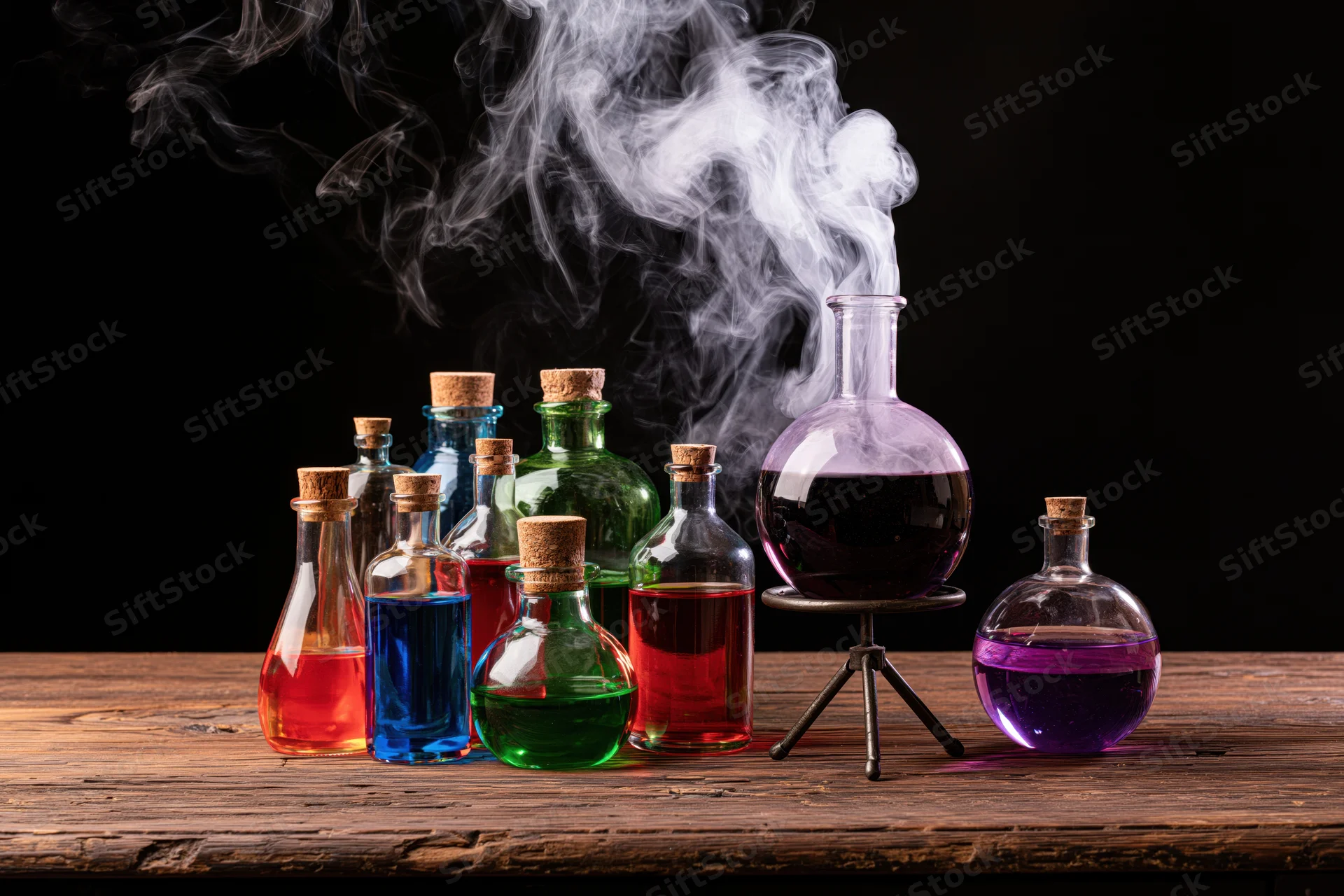 Round-bottom flask emitting smoke on wooden table with colorful glass bottles filled with liquids