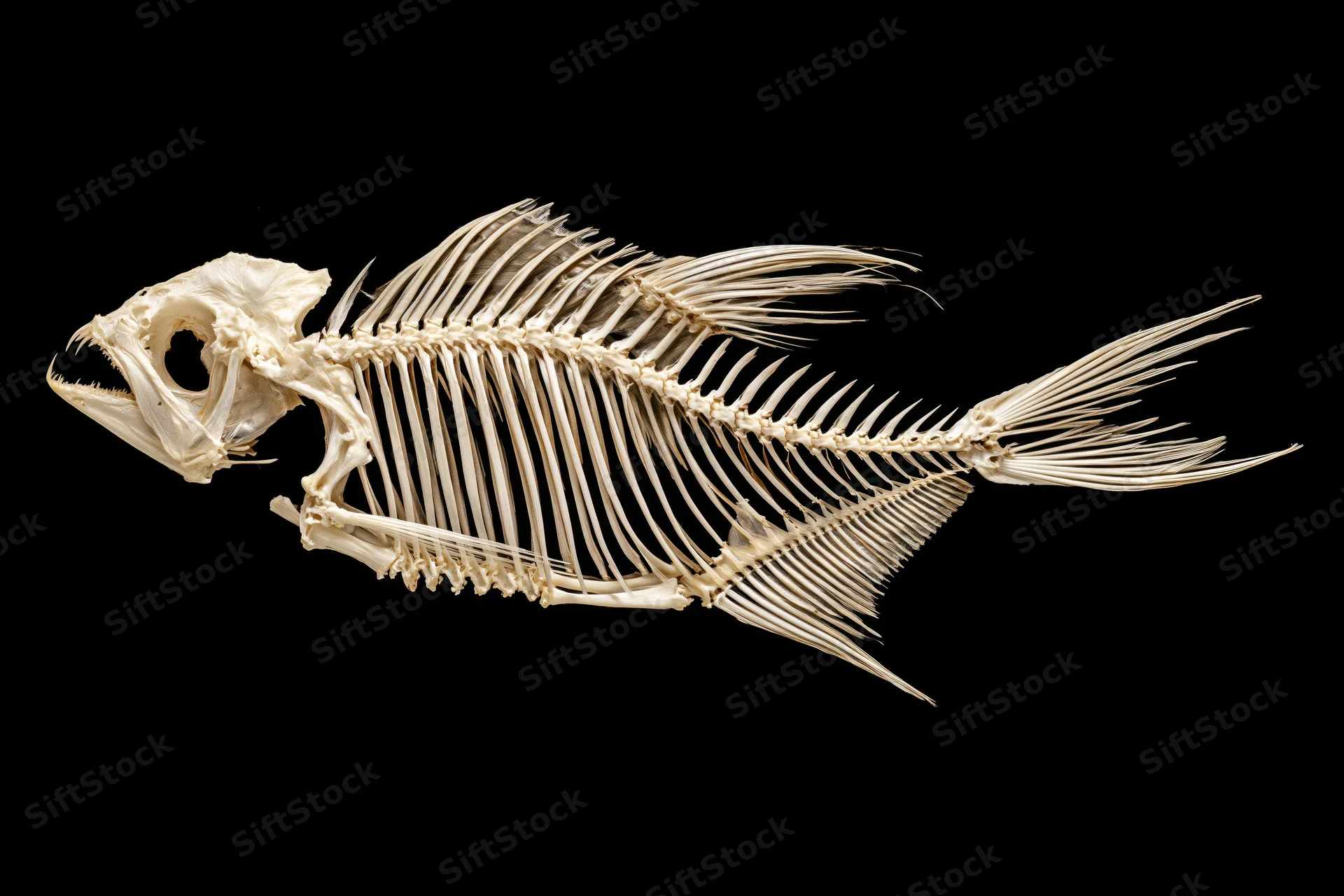 Articulated fish skeleton in lateral profile against black background