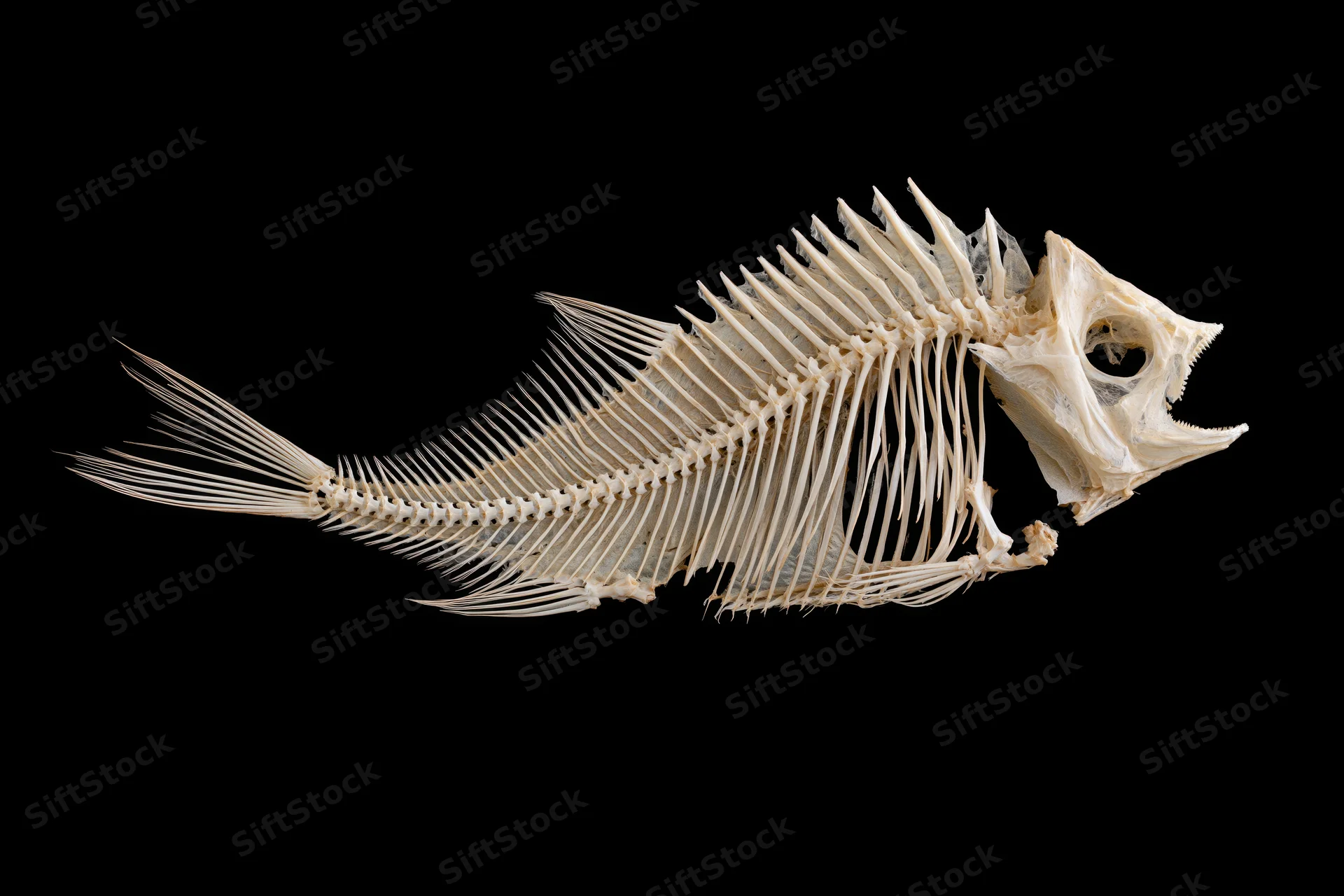 Articulated fish skeleton in lateral profile against black background