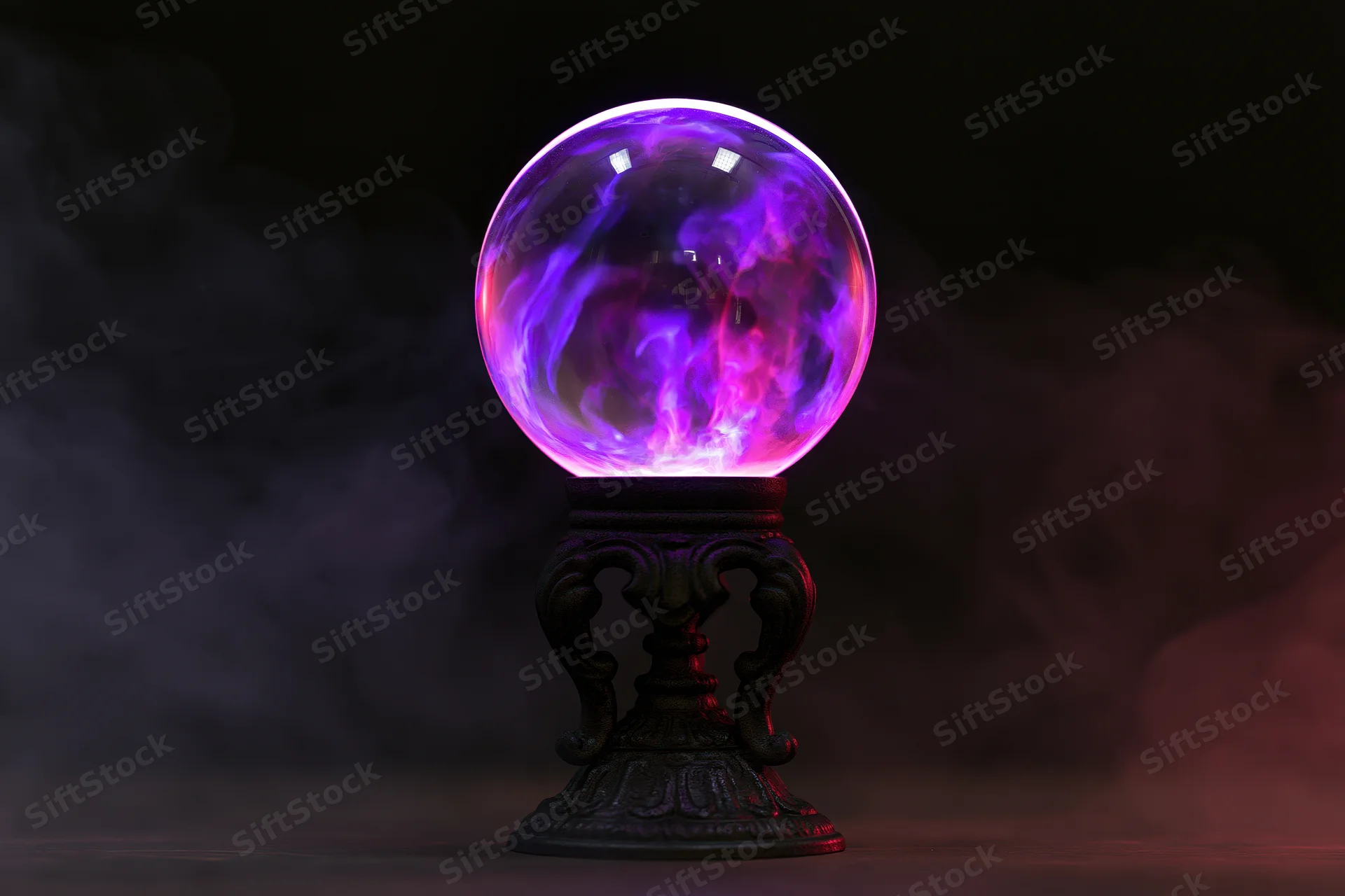 Glowing crystal ball on ornate metal pedestal surrounded by smoke in dark setting