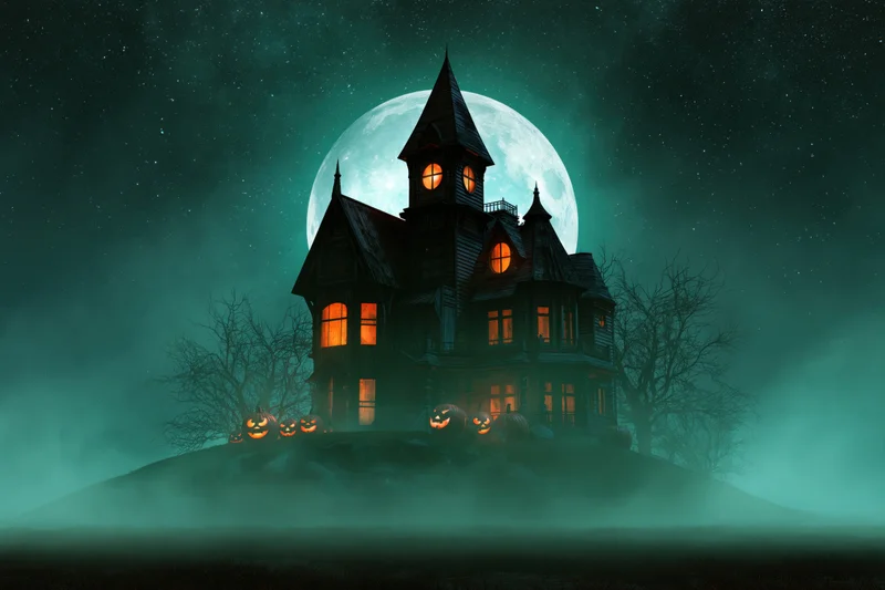 Dark victorian haunted house with glowing windows on a foggy hill under a full moon