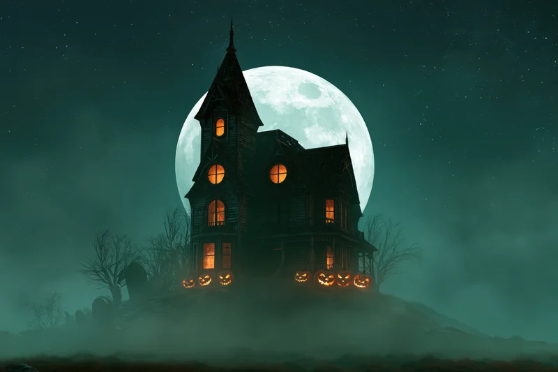 Dark victorian haunted house with glowing windows and jack-o-lanterns on a foggy hill under a full moon