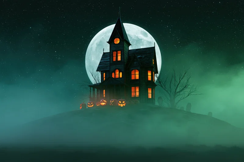 Dark victorian haunted house with glowing windows on a foggy hill under full moon