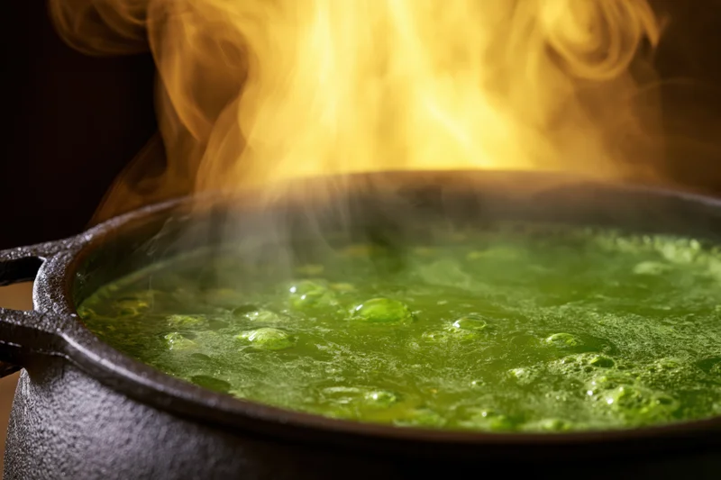 Dark cast iron cauldron filled with bubbling bright green liquid emitting steam