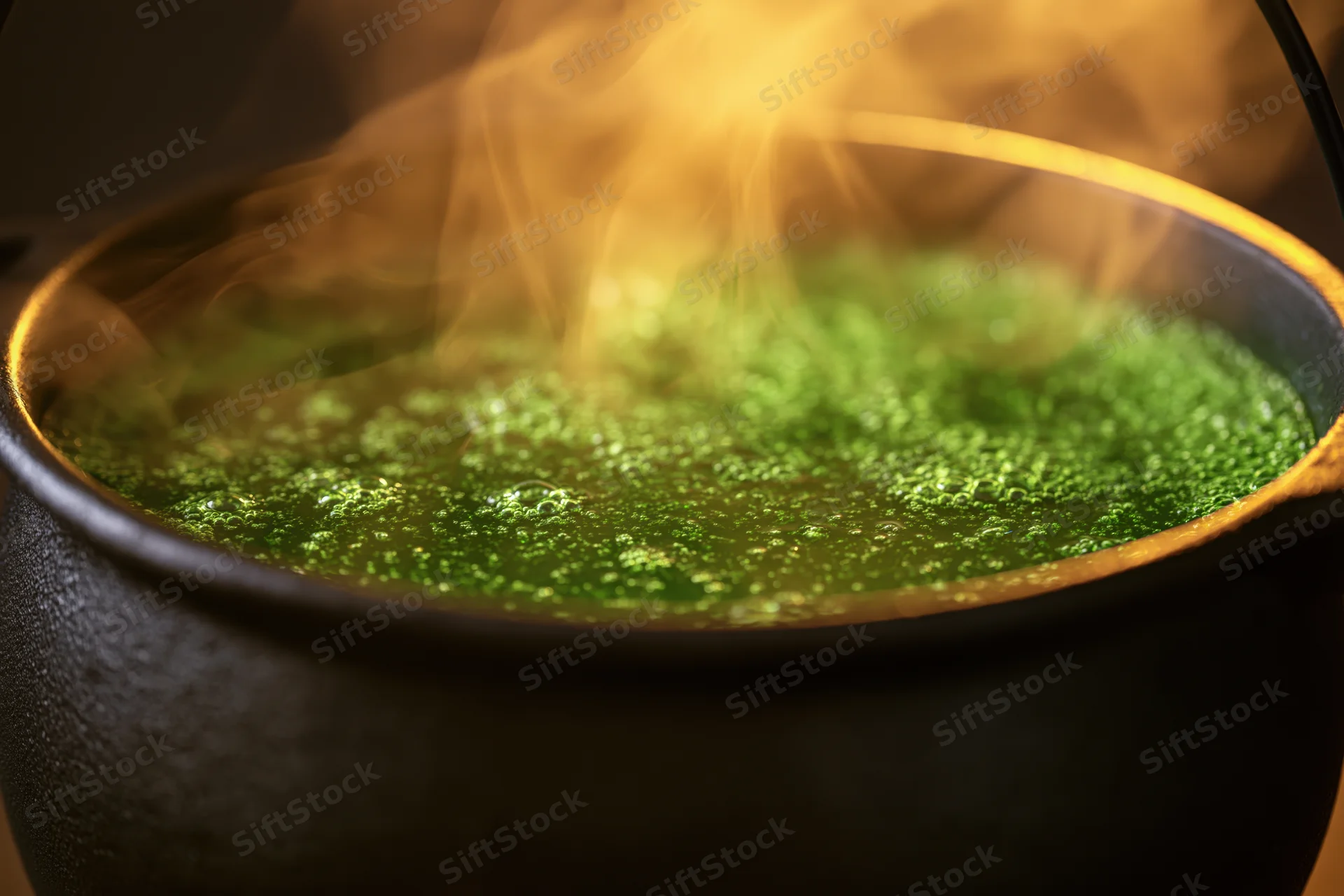 Dark cast iron cauldron filled with bubbling bright green liquid emitting steam