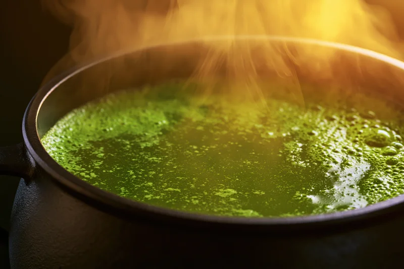 Dark cast iron cauldron filled with bubbling bright green liquid emitting steam