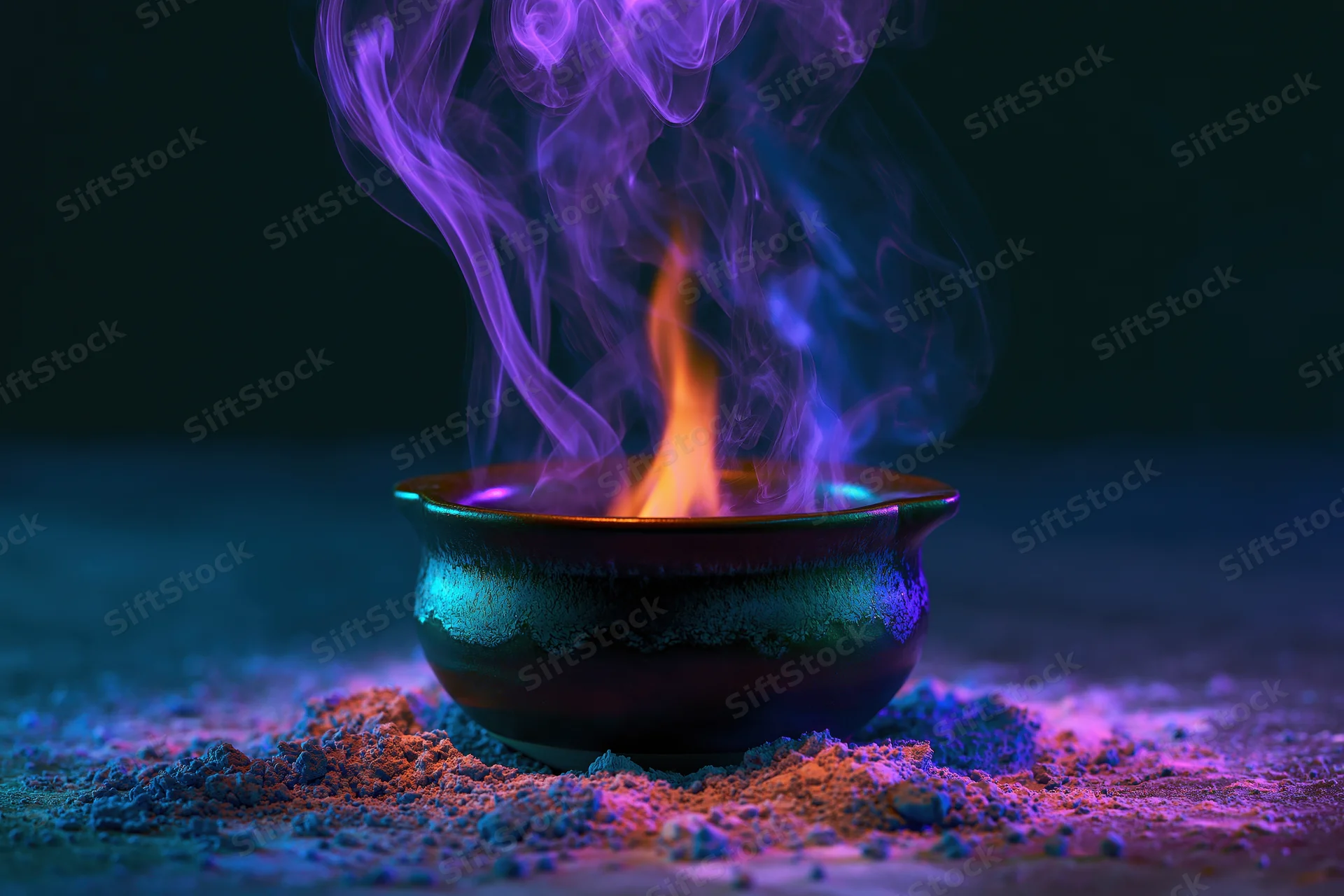 Dark ceramic cauldron with purple smoke and flame on a surface dusted with colorful powder
