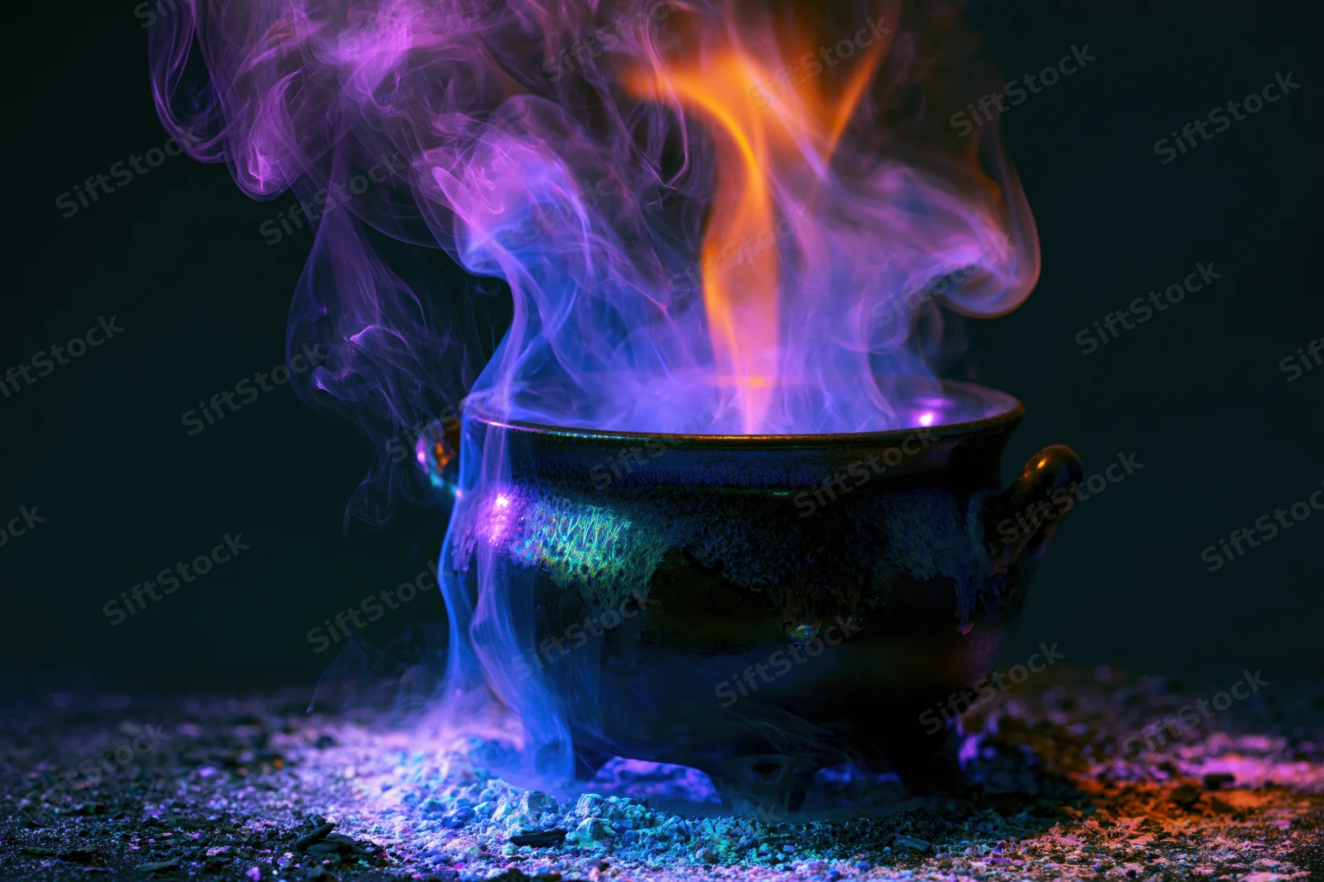 Dark ceramic cauldron emitting colorful smoke and flames on a textured surface at night