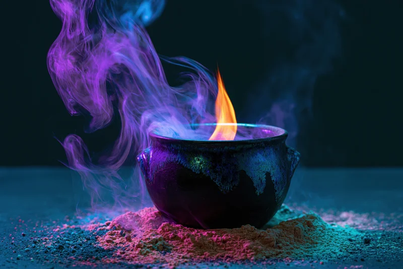 Dark ceramic cauldron emitting purple smoke and flame, resting on a surface dusted with colorful powder