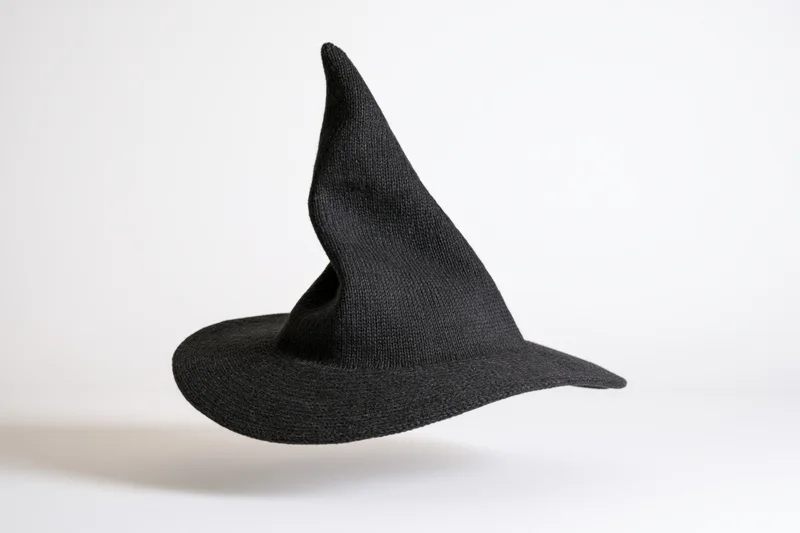 Black knitted witch hat with asymmetric point floating on white background